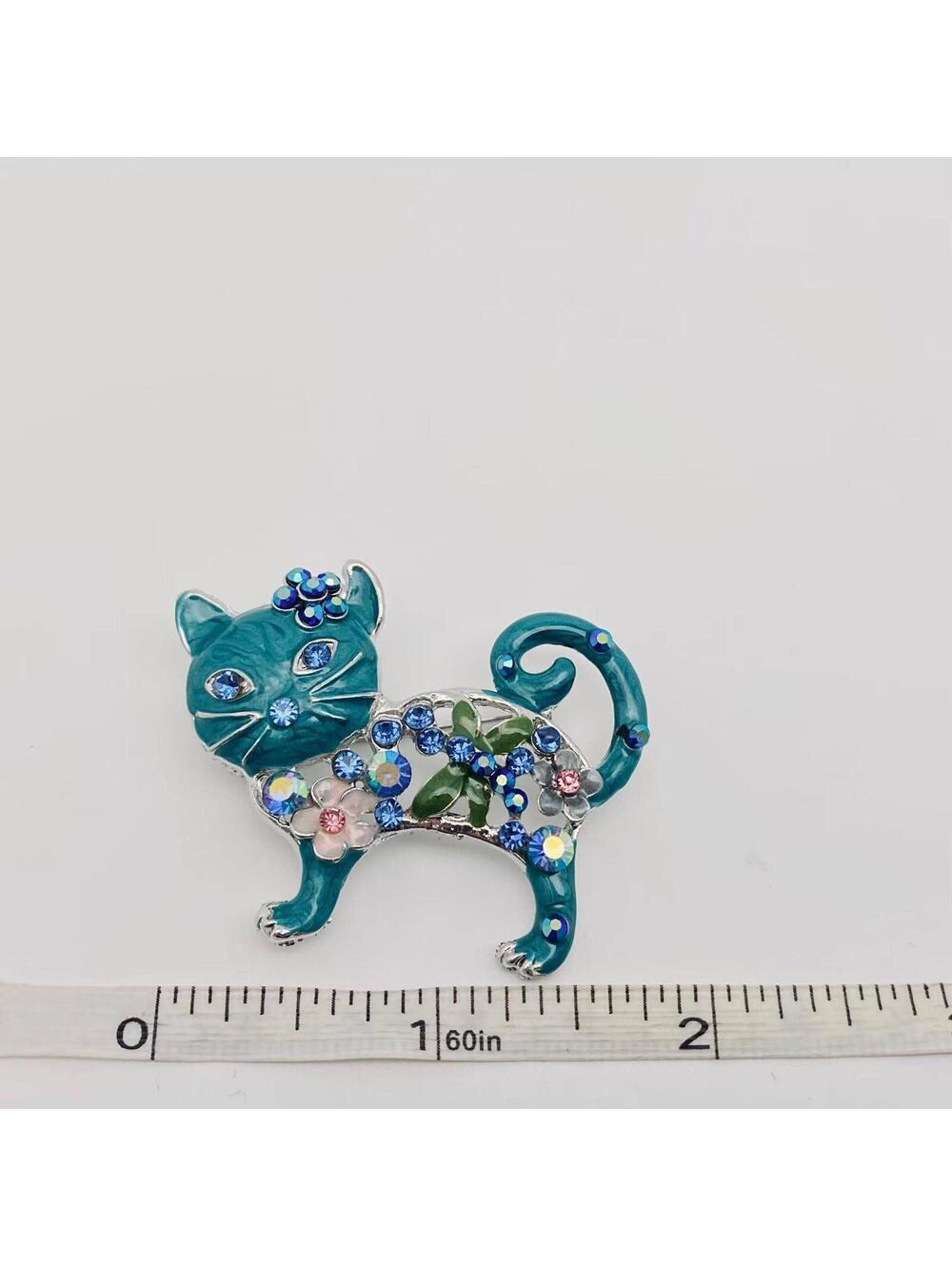 Blue Enamel Kitten Rhinestone Brooch Pin For Clothes